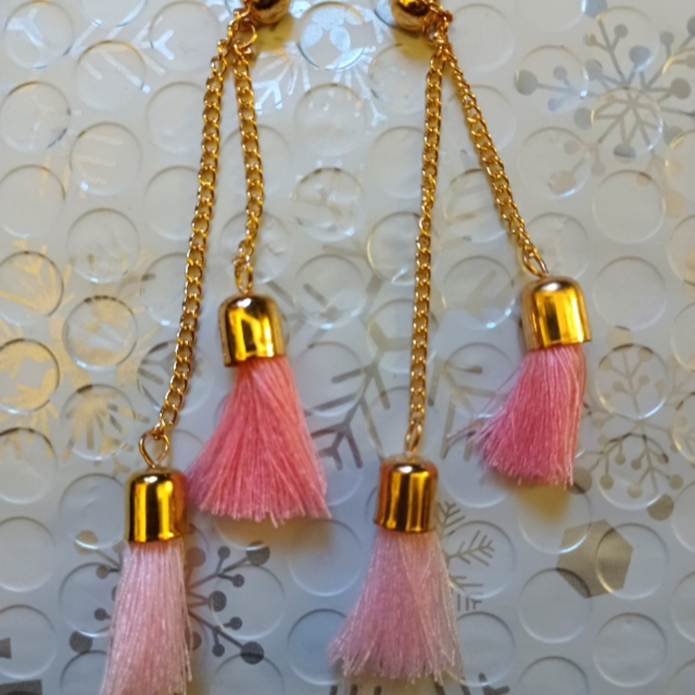 Single or double dangle pink tassel earrings